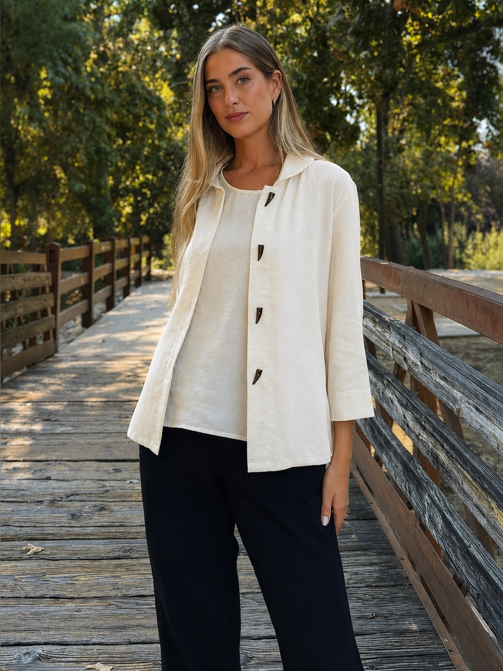 Fridaze Linen Redefined Cream Horn Button Short Jacket XL